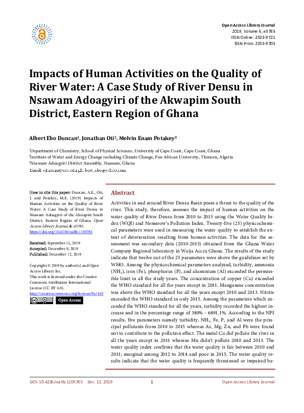 (PDF) Impacts of Human Activities on the Quality of River Water: A Case ...