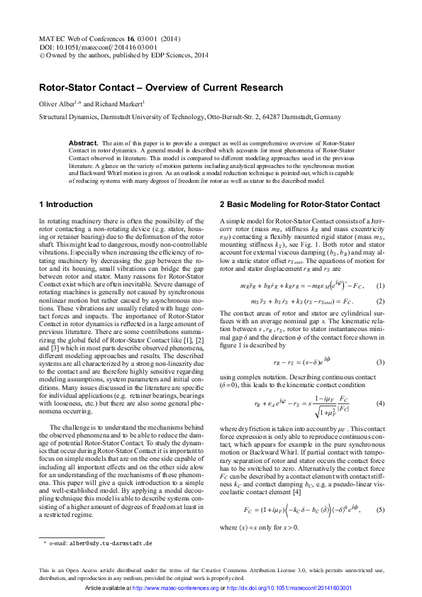 (PDF) Rotor-Stator Contact – Overview of Current Research