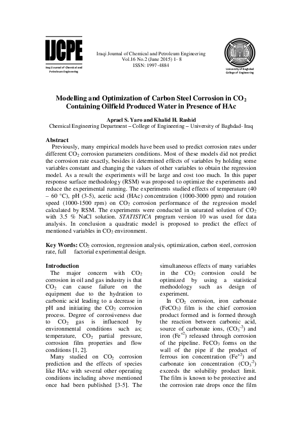 (PDF) Modelling and Optimization of Carbon Steel Corrosion in CO2 ...