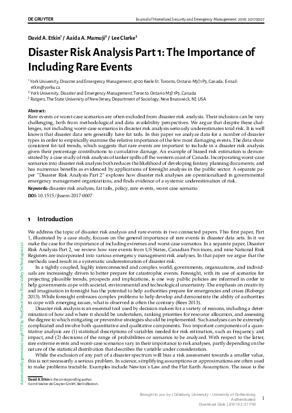 (PDF) Disaster Risk Analysis Part 1: The Importance of Including Rare ...