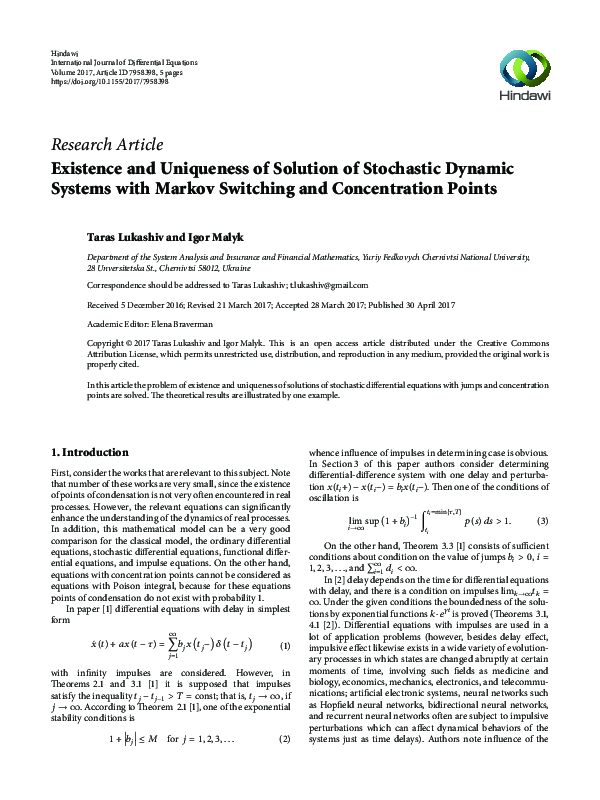 (PDF) Existence and Uniqueness of Solution of Stochastic Dynamic ...