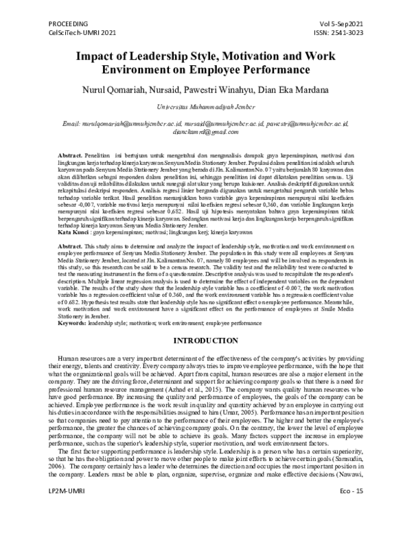 (PDF) Impact of Leadership Style, Motivation and Work Environment on ...