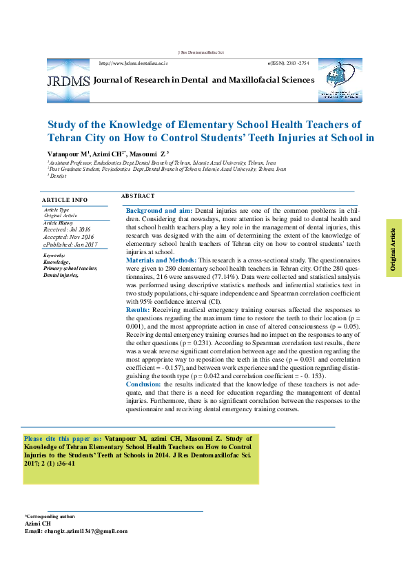 (PDF) Study of the Knowledge of Elementary School Health Teachers of ...