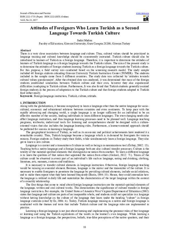 (PDF) Attitudes of Foreigners Who Learn Turkish as a Second Language ...