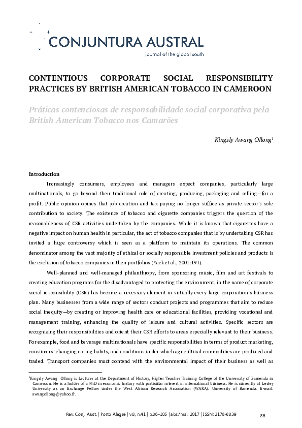 british american tobacco corporate social responsibility PDF) Contentious Corporate Social Responsibility Practices by British  American Tobacco in Cameroon