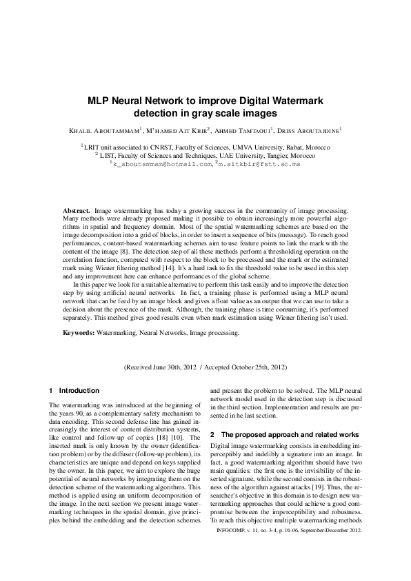 (PDF) MLP Neural Network to improve Digital Watermark detection in gray ...