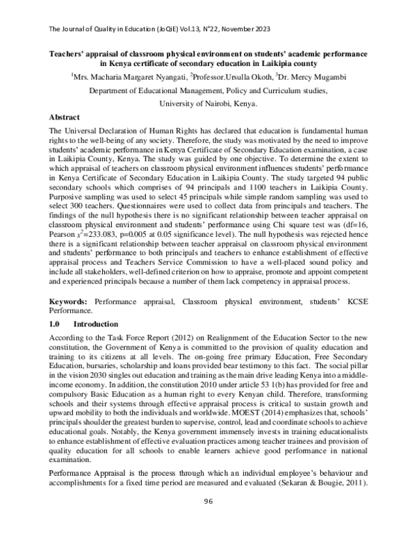 (PDF) Teachers’ appraisal of classroom physical environment on students ...