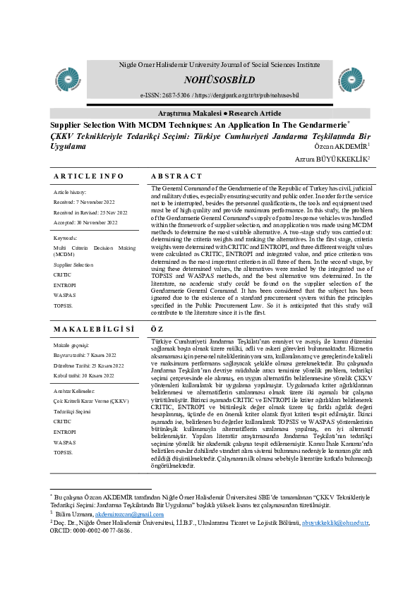(PDF) Çkkv Tekni̇kleri̇yle Tedari̇kçi̇ Seçi̇mi̇: Türki̇ye Cumhuri̇yeti̇ ...
