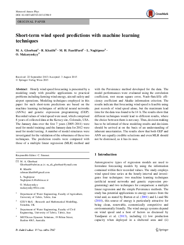 (PDF) Short-term wind speed predictions with machine learning techniques
