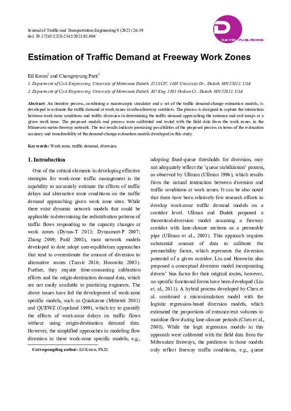 (PDF) Estimation of Traffic Demand at Freeway Work Zones