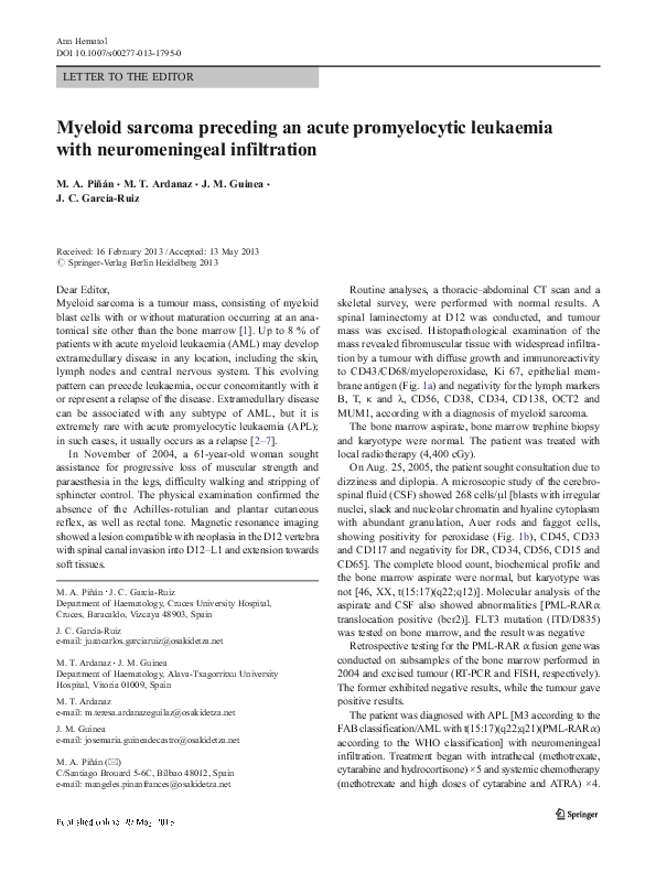 (PDF) Myeloid sarcoma preceding an acute promyelocytic leukaemia with ...