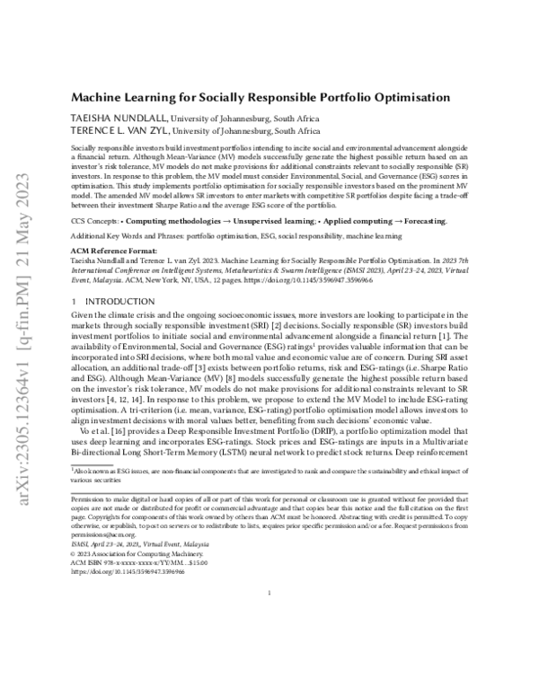 (PDF) Machine Learning for Socially Responsible Portfolio Optimisation