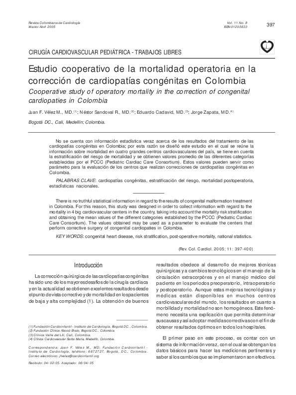 Estudio Cooperativo De La Mortalidad Operatoria En La Corrección De Cardiopatías Congénitas En Colombia
