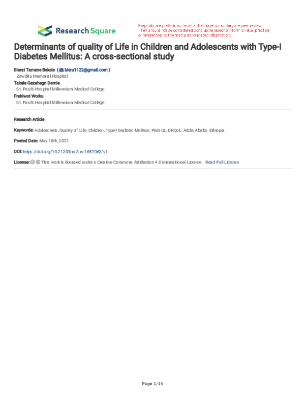 (PDF) Determinants of quality of Life in Children and Adolescents with ...