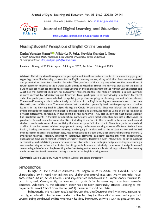 (PDF) Nursing Students’ Perceptions of English Online Learning