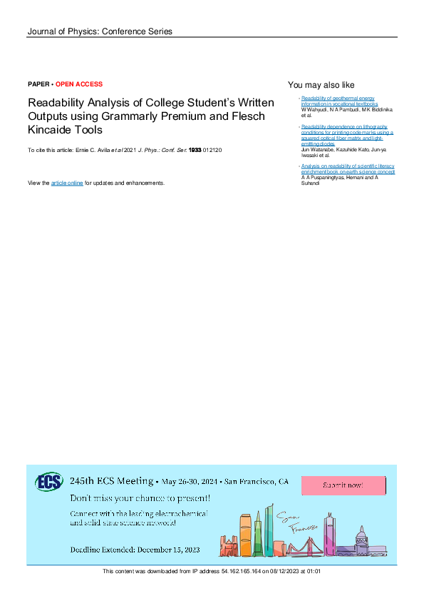 (PDF) Readability Analysis of College Student’s Written Outputs using ...