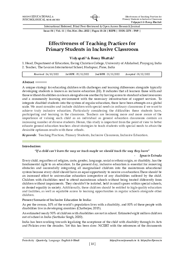 (PDF) Effectiveness of Teaching Practices for Primary Students in ...