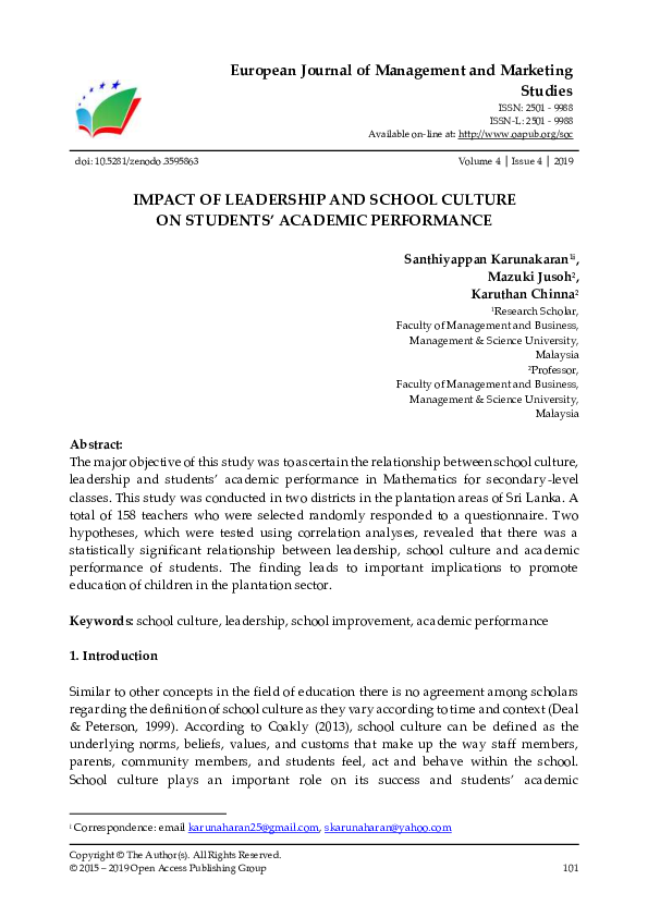 (PDF) Impact of Leadership and School Culture on Students’ Academic ...