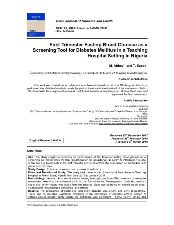 (PDF) First Trimester Fasting Blood Glucose as a Screening Tool for ...