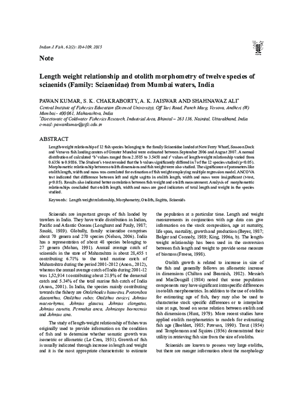 (PDF) Length weight relationship and otolith morphometry of twelve ...