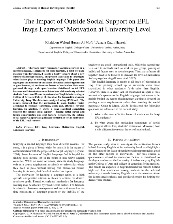 (PDF) The Impact of Outside Social Support on EFL Iraqis Learners ...