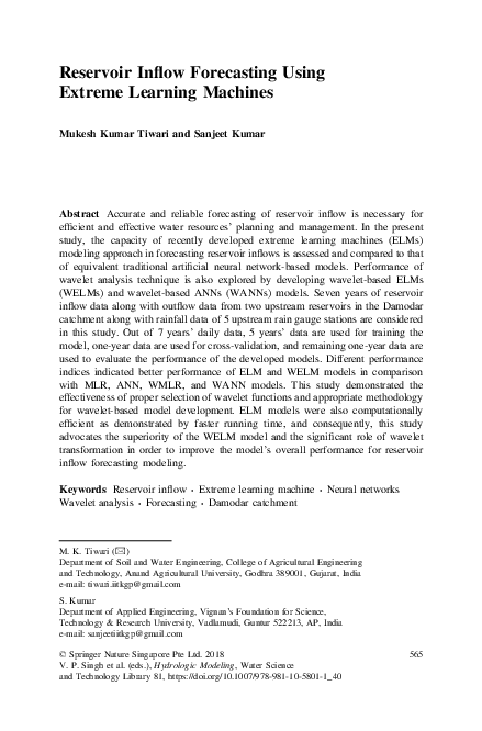(PDF) Reservoir Inflow Forecasting Using Extreme Learning Machines