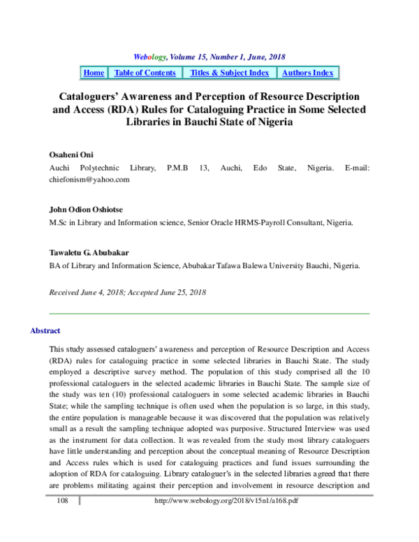 (PDF) Cataloguers' Awareness and Perception of Resource Description and