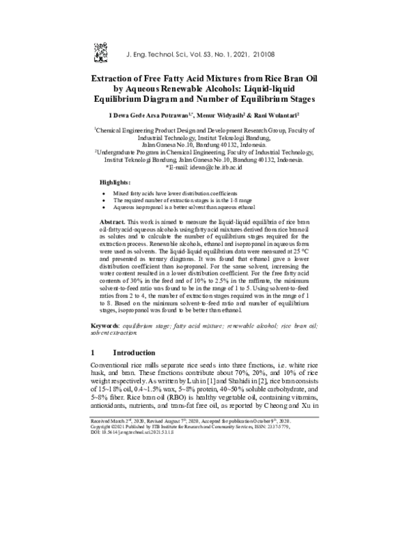(PDF) Extraction of Free Fatty Acid Mixtures from Rice Bran Oil by ...