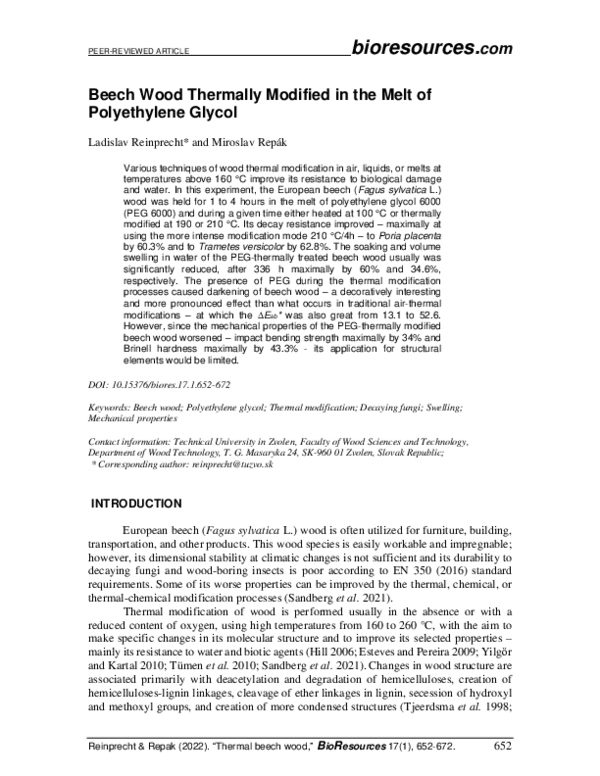 (PDF) Beech wood thermally modified in the melt of polyethylene glycol