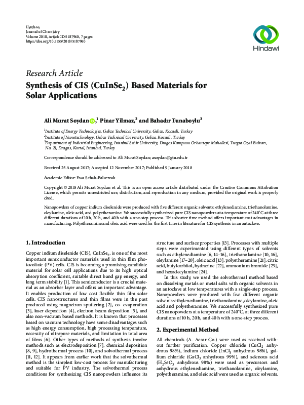 (PDF) Synthesis of CIS (CuInSe 2 ) Based Materials for Solar Applications