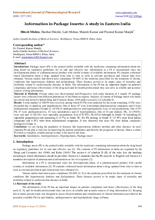 (PDF) Information in Package Inserts: A study in Eastern India