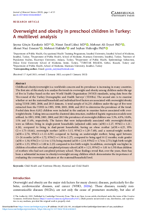 (PDF) Overweight and obesity in preschool children in Turkey: A ...
