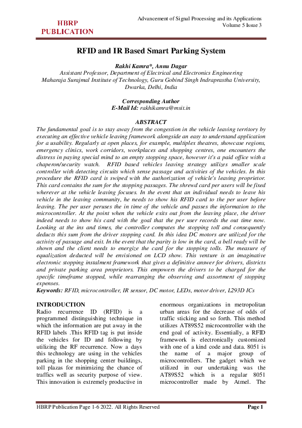 (PDF) RFID and IR Based Smart Parking System