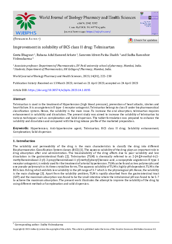 (PDF) Improvement in solubility of BCS class II drug: Telmisartan
