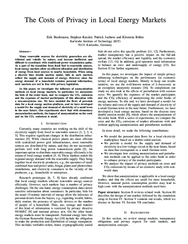 (PDF) The Costs of Privacy in Local Energy Markets