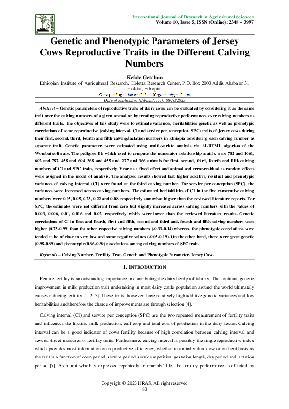 (PDF) and Phenotypic Parameters of Jersey Cows Reproductive Traits in the Different
