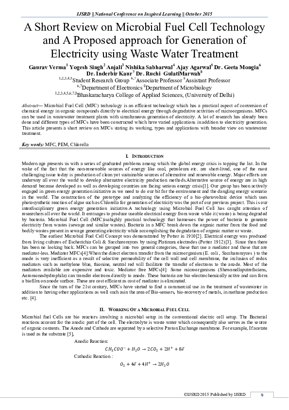 (PDF) A Short Review on Microbial Fuel Cell Technology and A Proposed ...