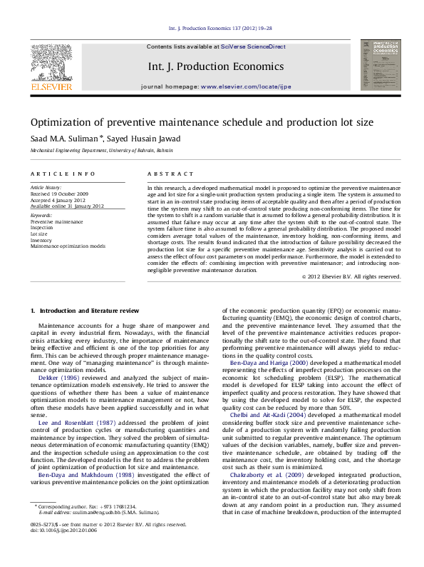 (PDF) Optimization of preventive maintenance schedule and production ...