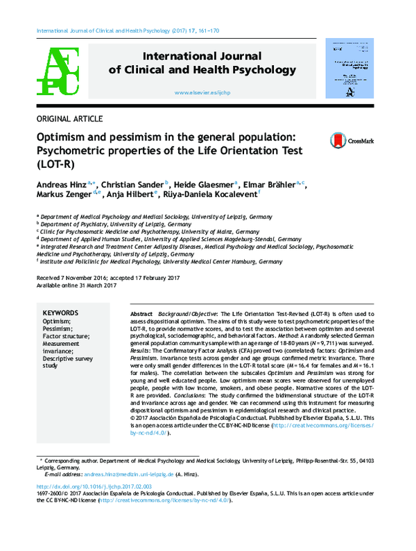 (PDF) Optimism and pessimism in the general population: Psychometric ...