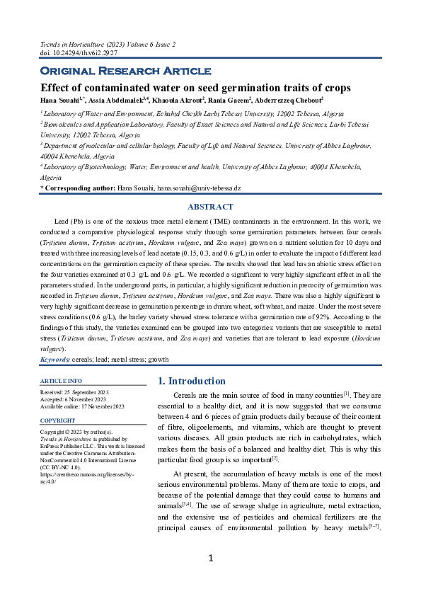 (PDF) Effect of contaminated water on seed germination traits of crops