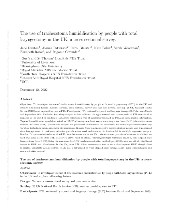 The use of tracheostoma humidification by people with total laryngectomy in the UK: a cross-sectional survey