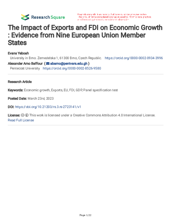 (PDF) The Impact of Exports and FDI on Economic Growth : Evidence from ...