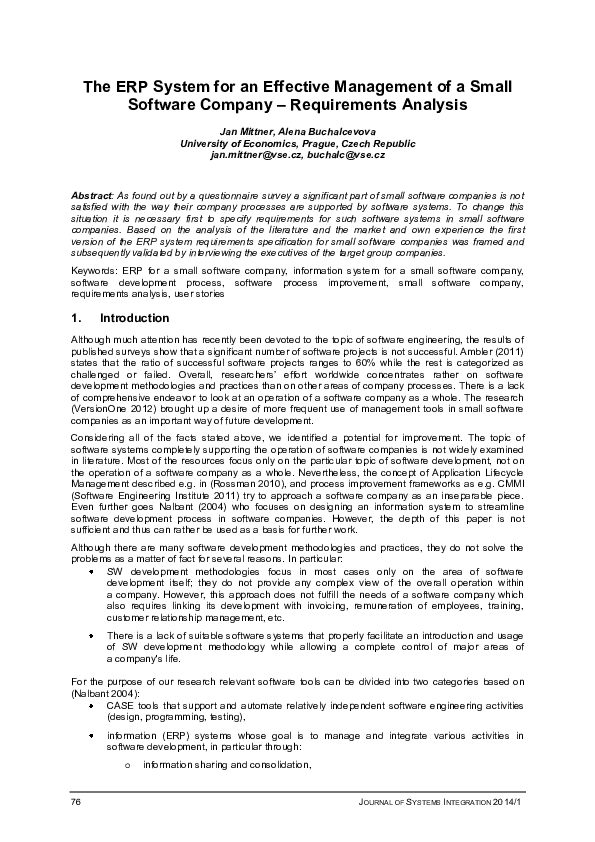 (PDF) The ERP System for an Effective Management of a Small Software ...