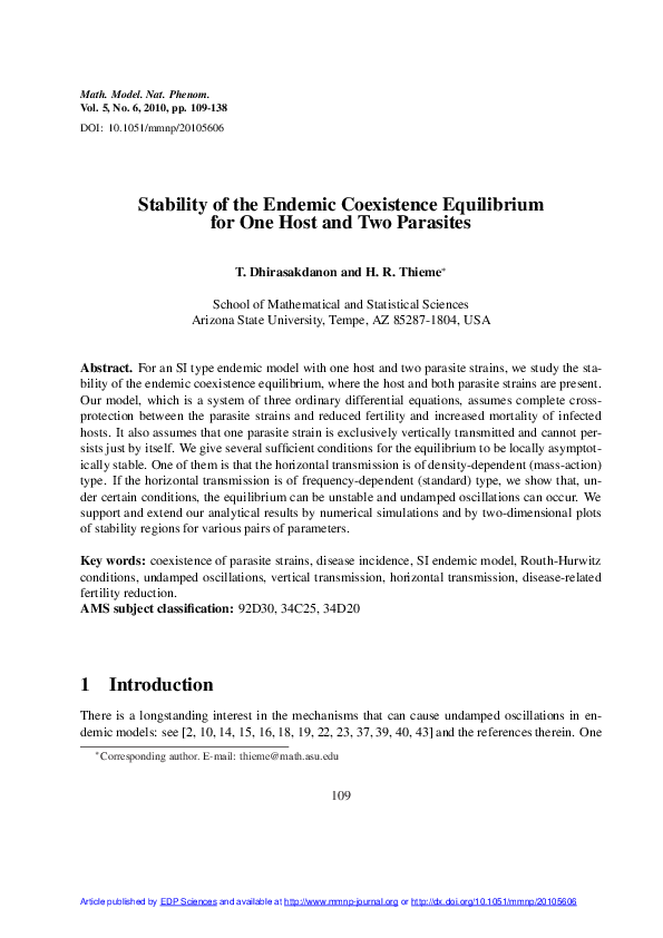 (PDF) Stability of the Endemic Coexistence Equilibrium for One Host and ...