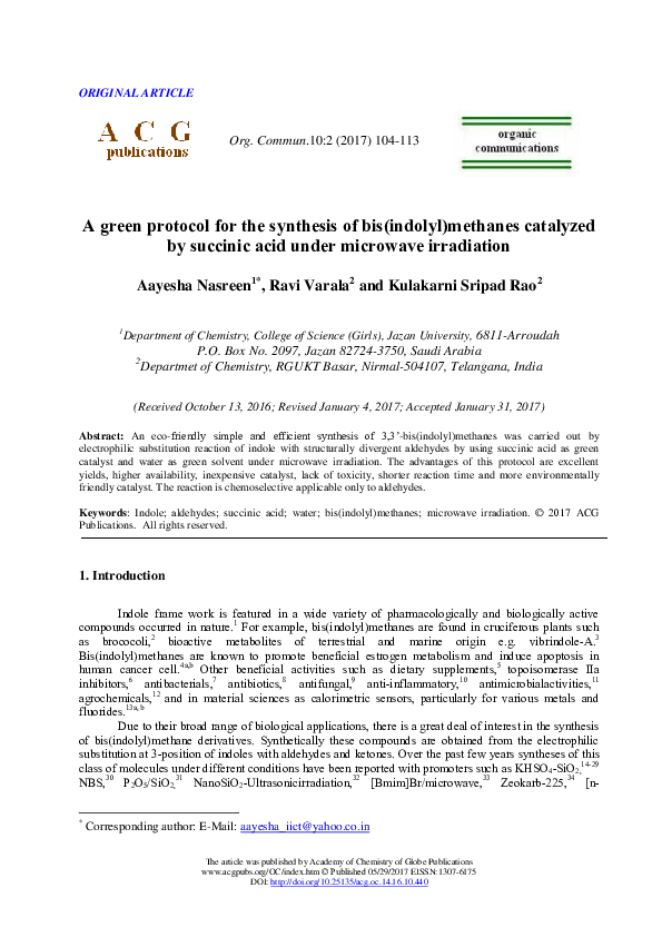 (PDF) A green protocol for the synthesis of bis(indolyl)methanes ...