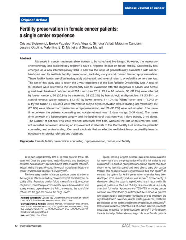 (PDF) Fertility Preservation in Female Cancer Patients: Our Center ...