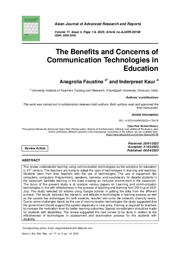 (PDF) The Benefits and Concerns of Communication Technologies in Education