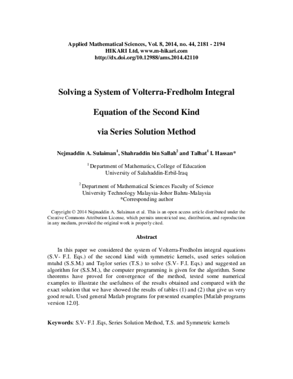 (PDF) Solving a system of Volterra-Fredholm integral equation of the ...
