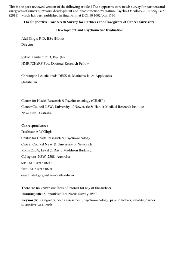 (PDF) The supportive care needs survey for partners and caregivers of ...