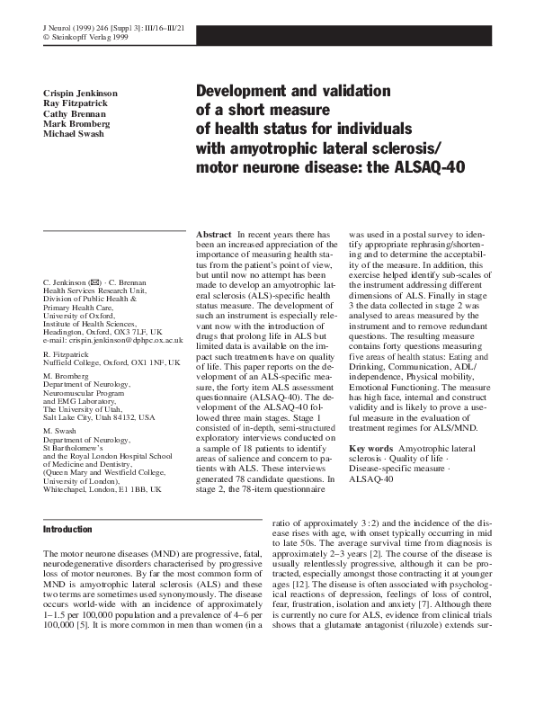 (PDF) Development and validation of a short measure of health status ...